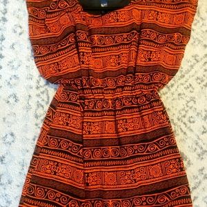 Blue Rain --Boho Orange &black Smocked Fit & Flare Dress Flutter Sleeve Sz Small